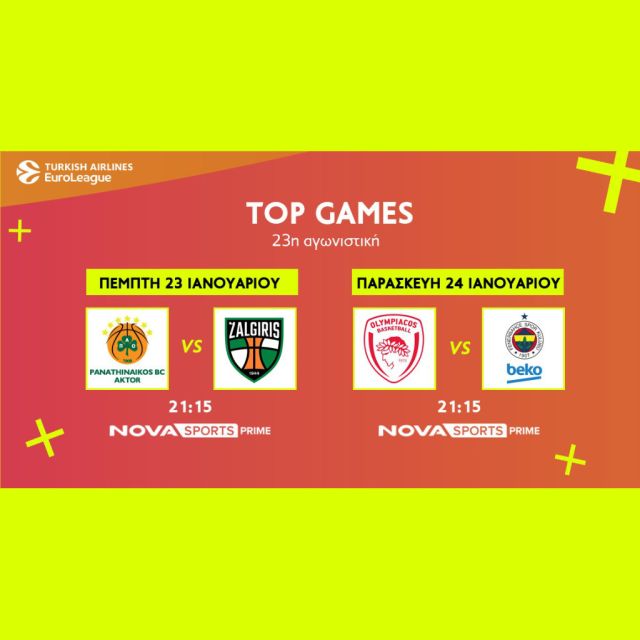 EuroLeague: Παναθηναϊκός AKTOR – Ζαλγκίρις & Ολυμπιακός – Φενέρμπαχτσε στο παρκέ του Novasports!