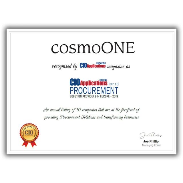 Η cosmoONE στους 10 καλύτερους Procurement Solution Providers της Ευρώπης για το 2019