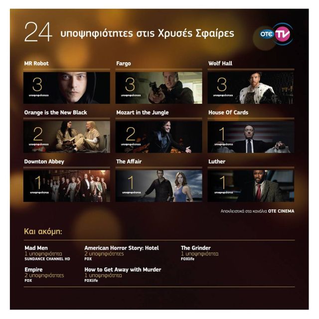24 υποψηφιότητες στις Χρυσές Σφαίρες 2016 για τις σειρές στον ΟΤΕ TV