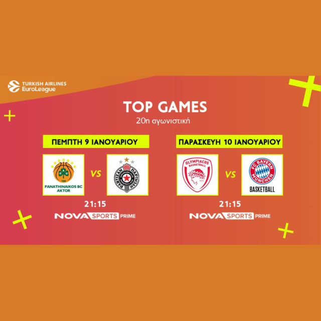 EuroLeague: Παναθηναϊκός AKTOR – Παρτίζαν & Ολυμπιακός – Μπάγερν στο παρκέ του Novasports!