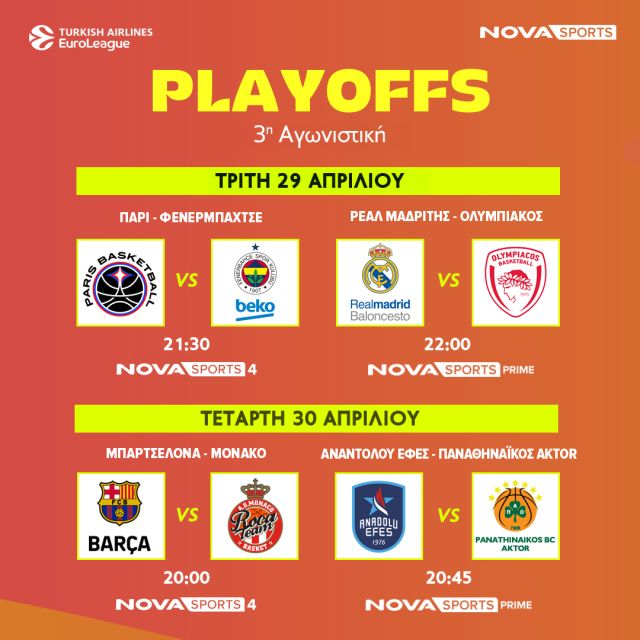 Το μπασκετικό υπερθέαμα της EuroLeague συνεχίζεται με τα Playoffs αποκλειστικά στο Novasports!