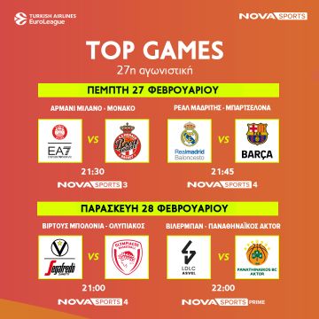 EuroLeague: Βίρτους Μπολόνια – Ολυμπιακός, Βιλερμπάν – Παναθηναϊκός AKTOR και το «El Clasico» Ρεάλ Μαδρίτης – Μπαρτσελόνα στο παρκέ του Novasports!